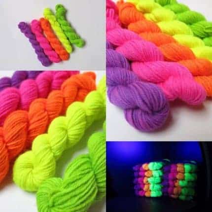 Photos of UV reactive yarns in bright colors.