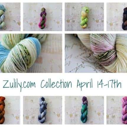 A collage of yarn photos with Zullilly.com Collection April 14-17th.
