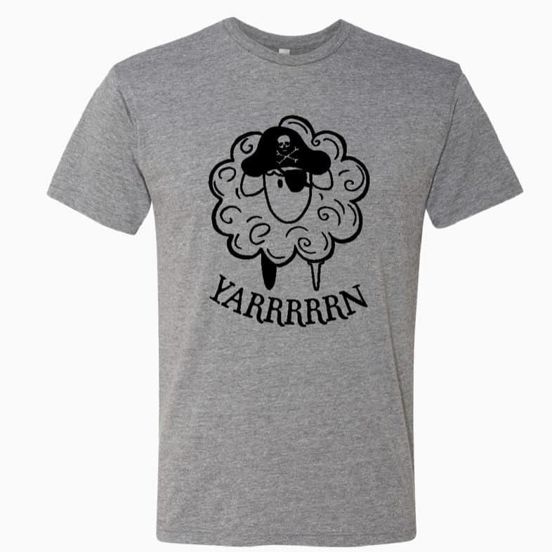 A gray t-shirt with a black yarn pirate and the word yarrrrrn.