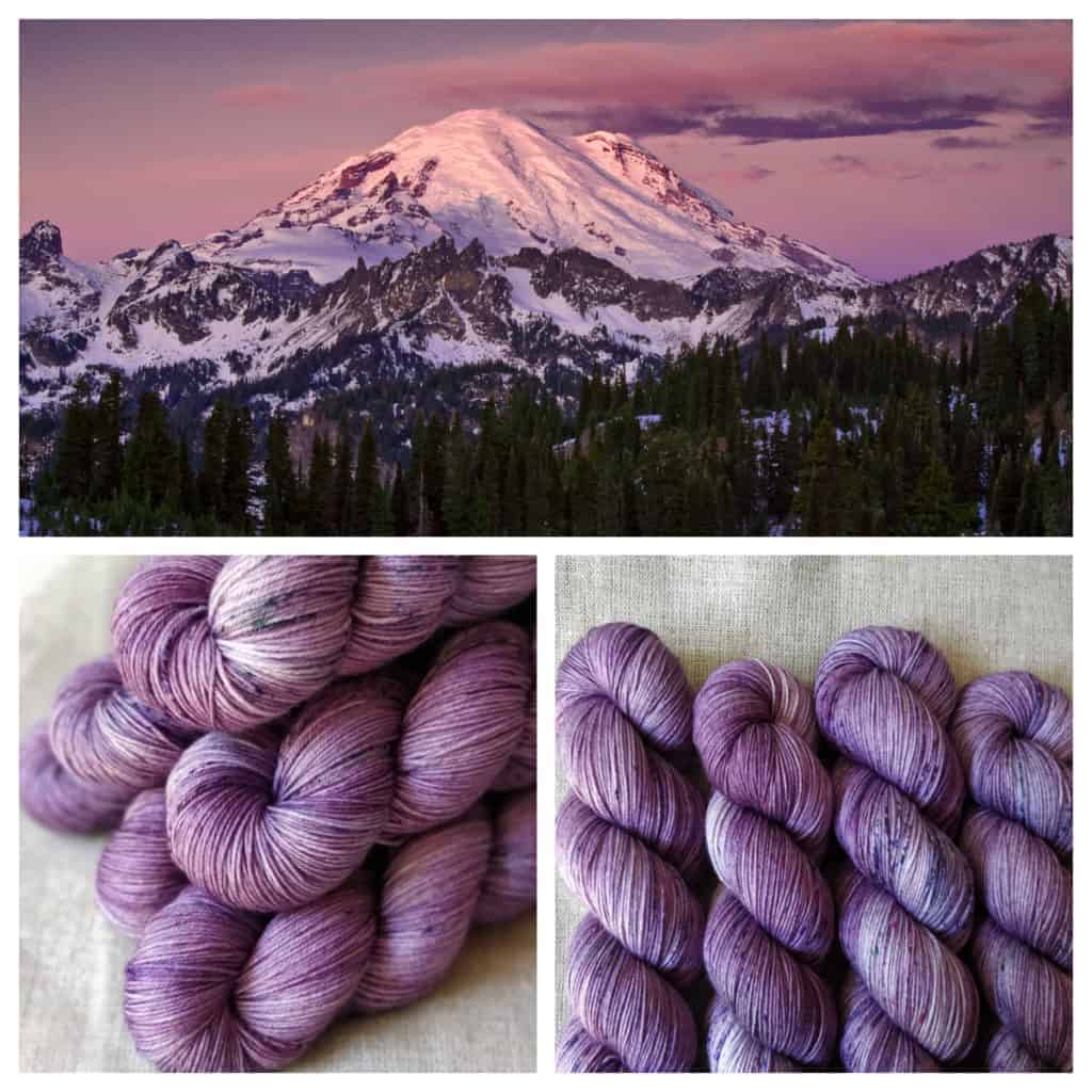 A collage with a snow-covered mountain and purple sky, and pale purple yarn