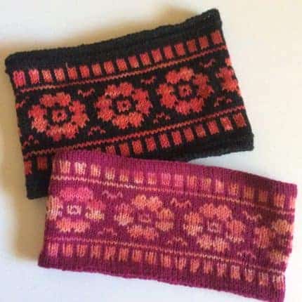 Gray and pink colorwork headbands.