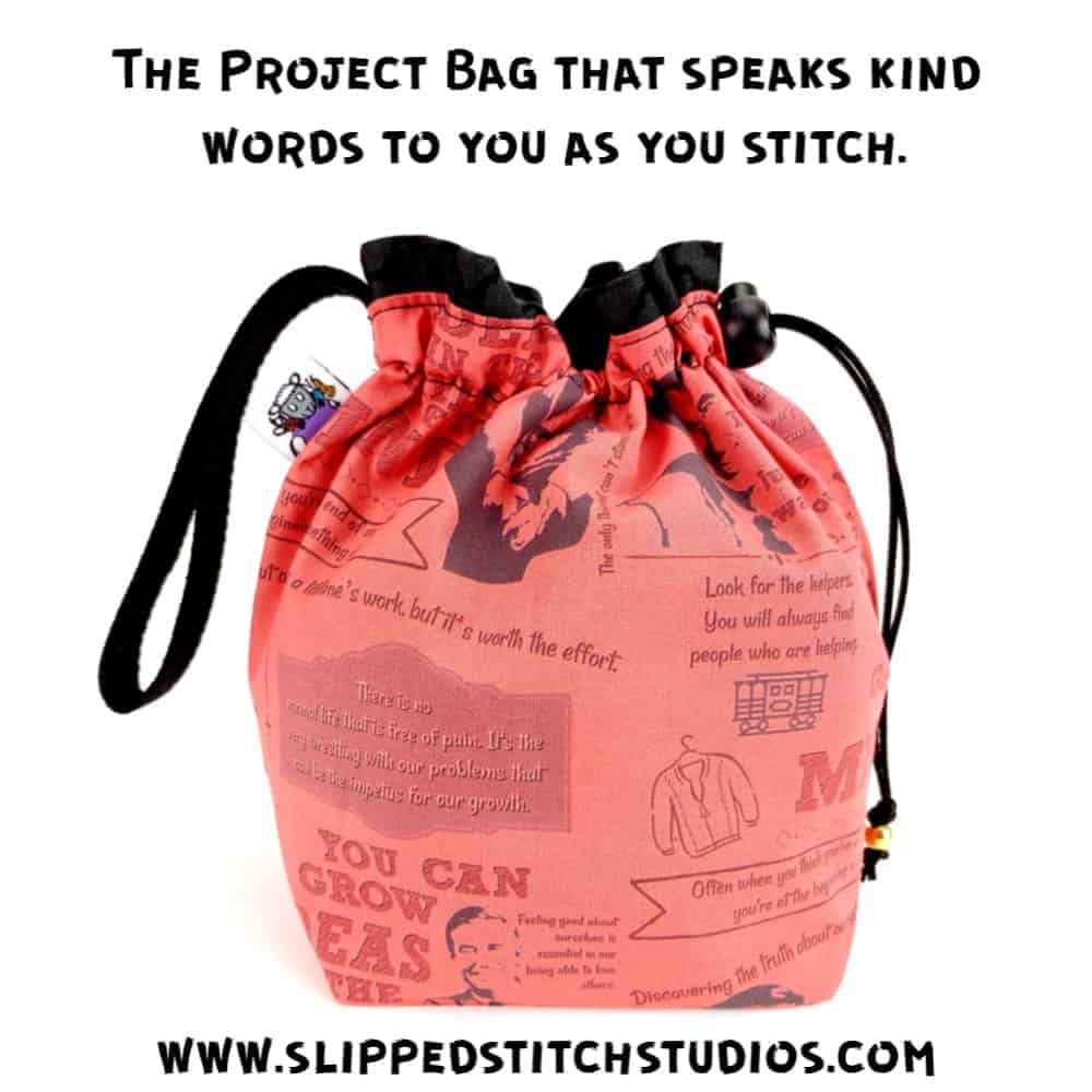 A pink drawstring bag with Mister Rogers quotes and images.