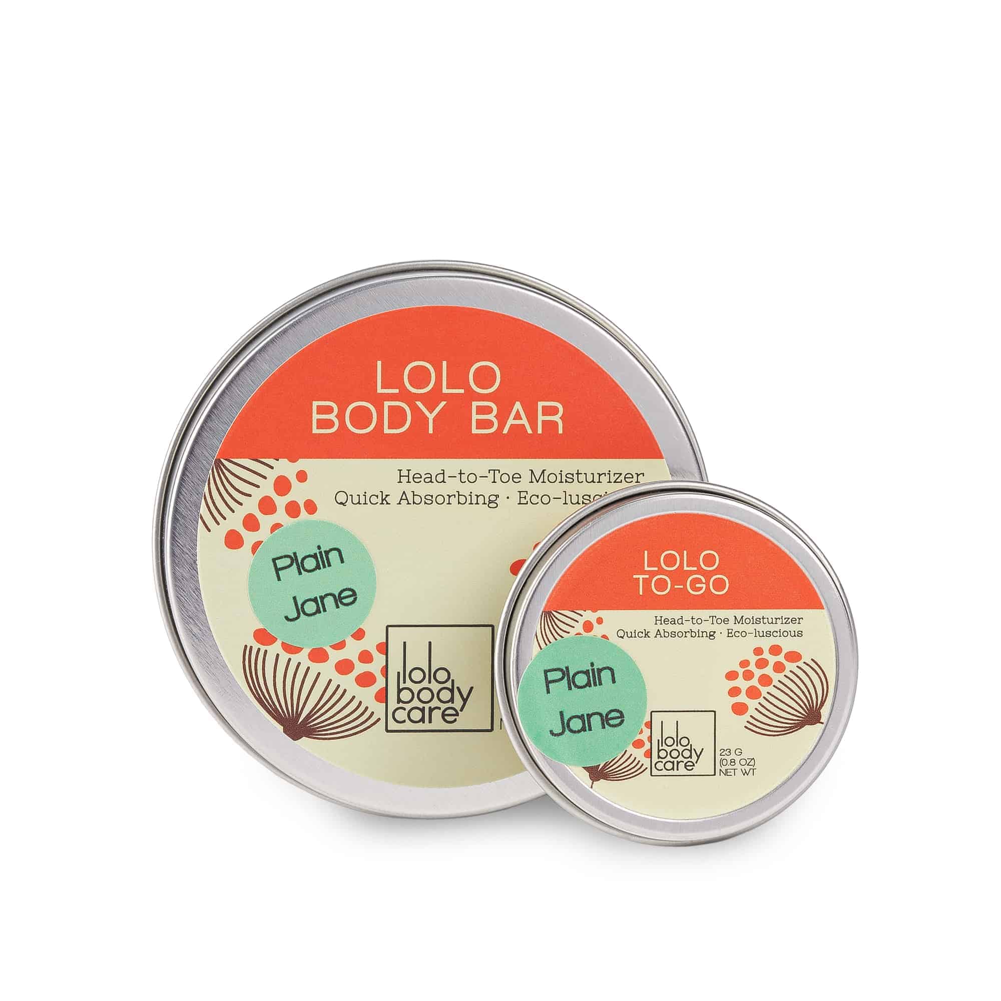 Tins of body butter with orange and aqua accents.