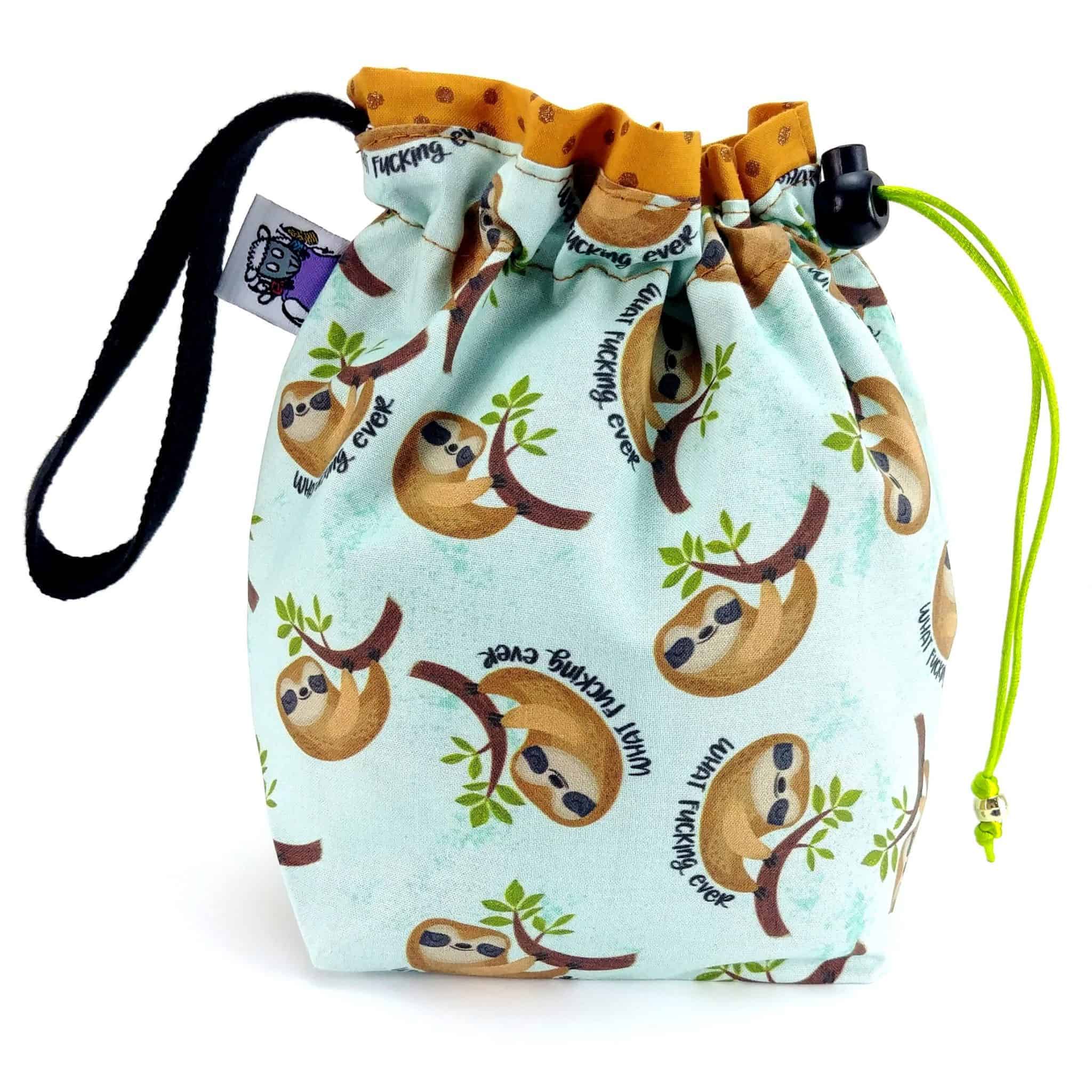 An aqua drawstring bag with cartoon sloths.