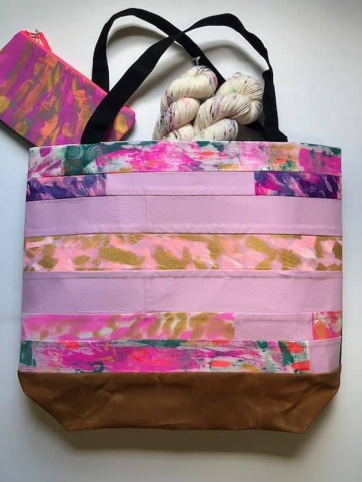 A purple patchwork tote. 