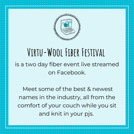 An illustration of a laptop with a blue ball of yarn on the screen advertising the Virtu-wool Fiber Festival.