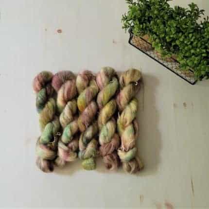 Pink and green speckled yarn.