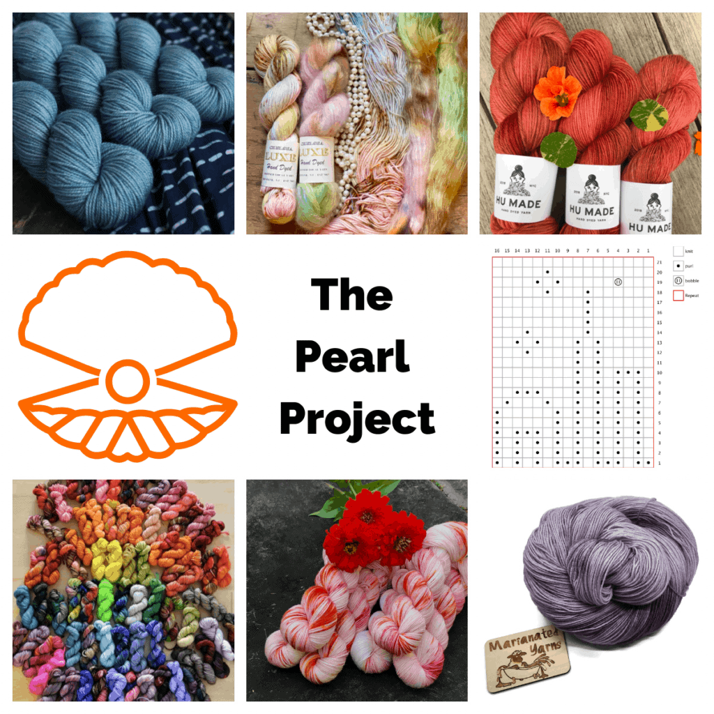 A collage of colorful yarn and an orange oyster with a pearl.