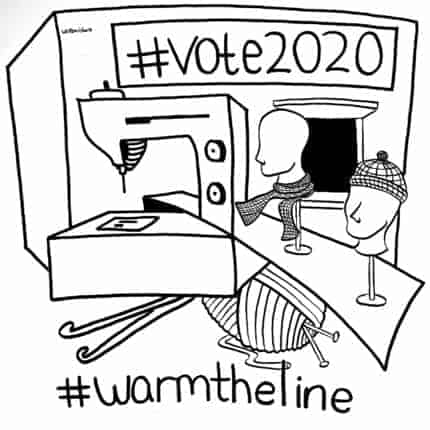 A sewing machine illustration that reads #vote2020 and #warmtheline