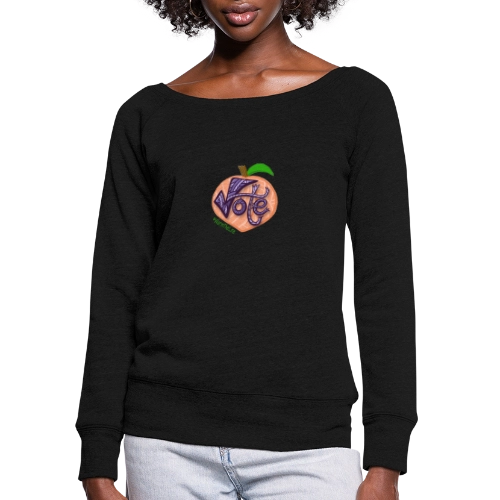 A Black woman models a black sweatshirt with the words vote in purple on a peach that looks like a ball of yarn.