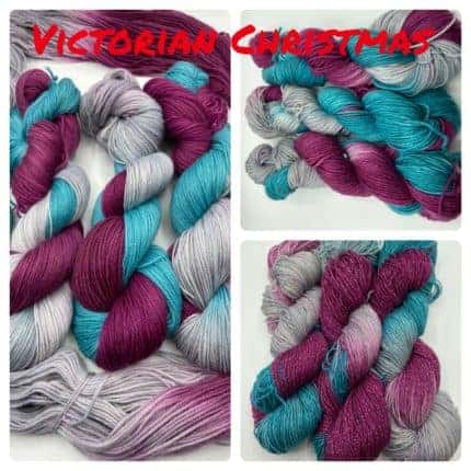 Purple, aqua and gray yarn.