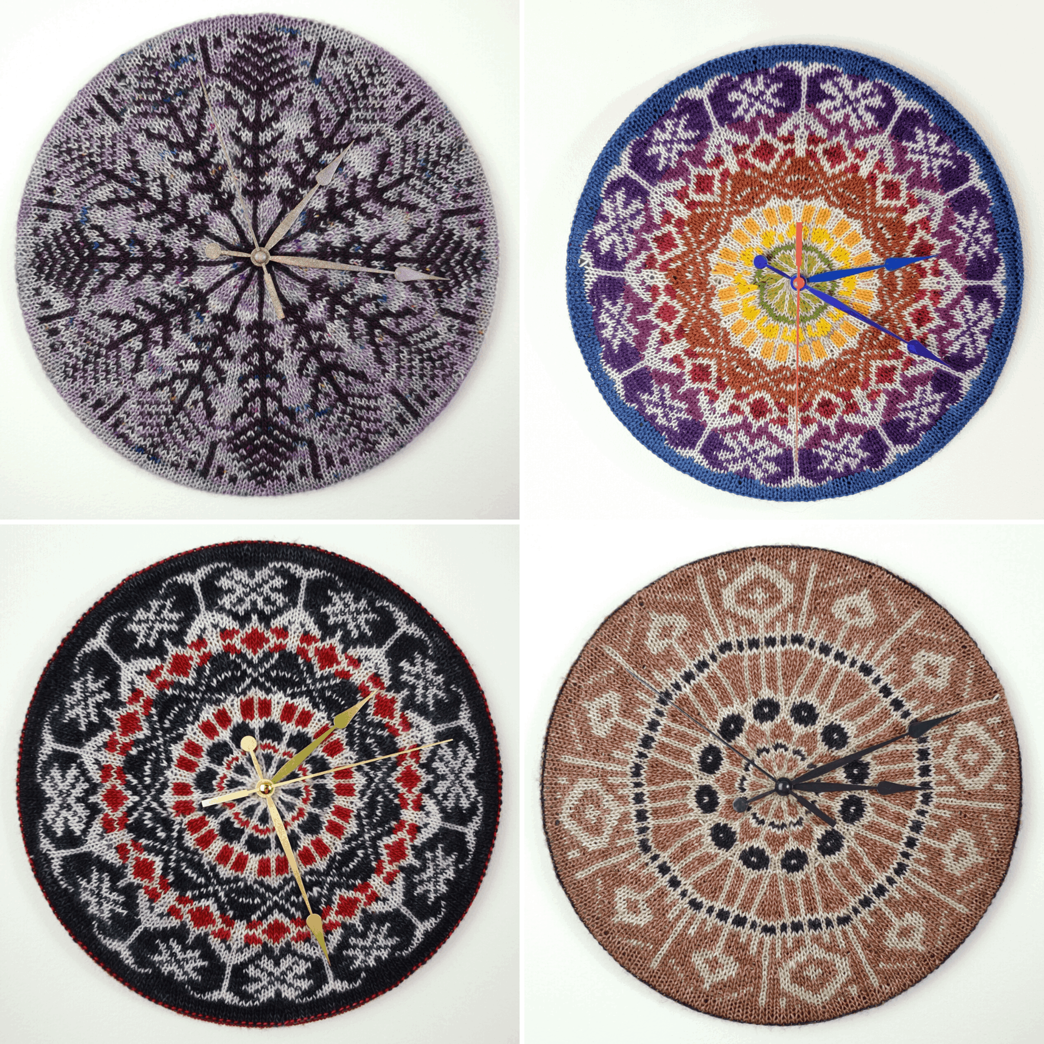 Circular knitted colorwork clocks.
