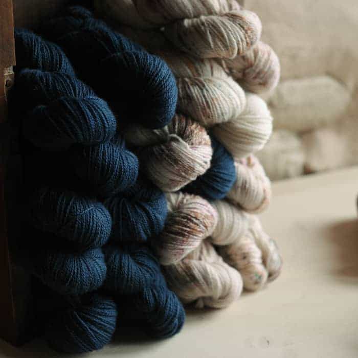 Blue and white speckled yarn.