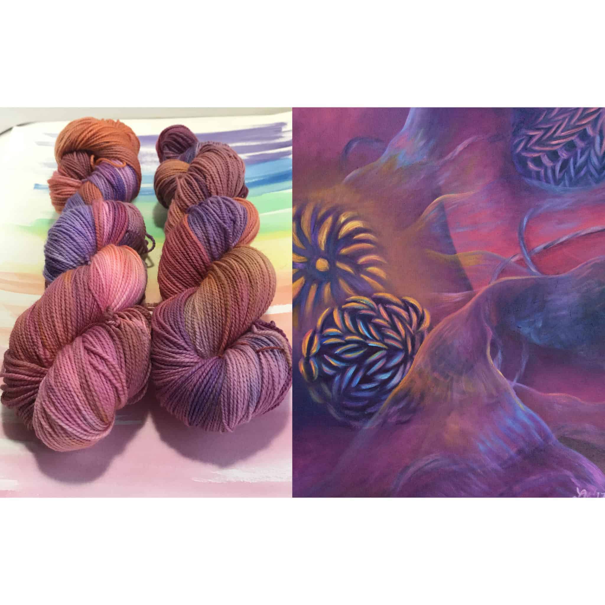 Purple and blue yarn next to a purple and blue painting. 