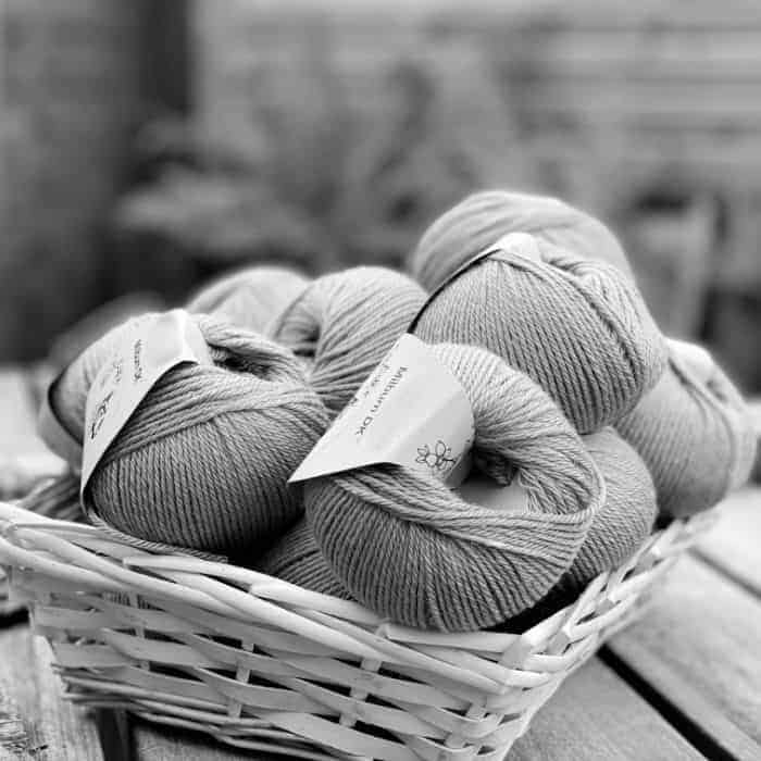 A basket of yarn in black and white.
