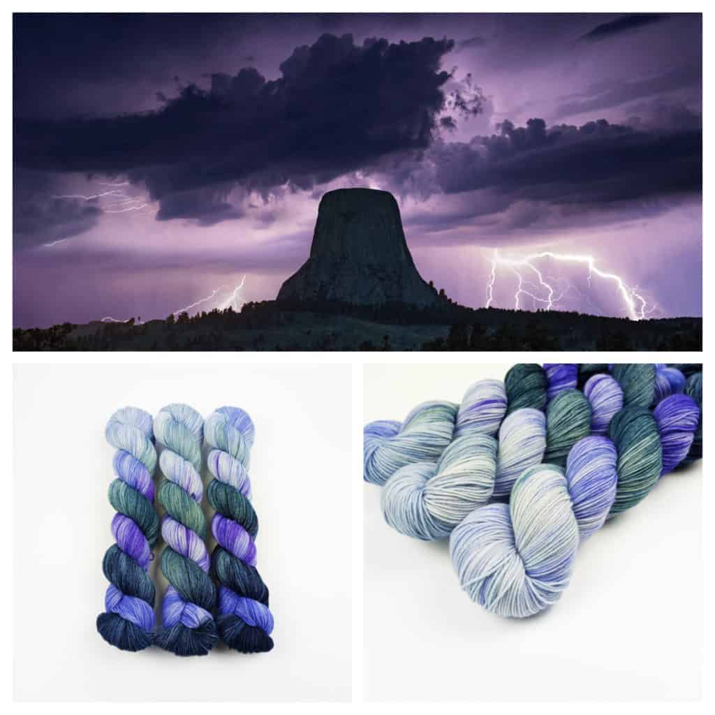 Lighting strikes Devils Tower and purple and green yarn.