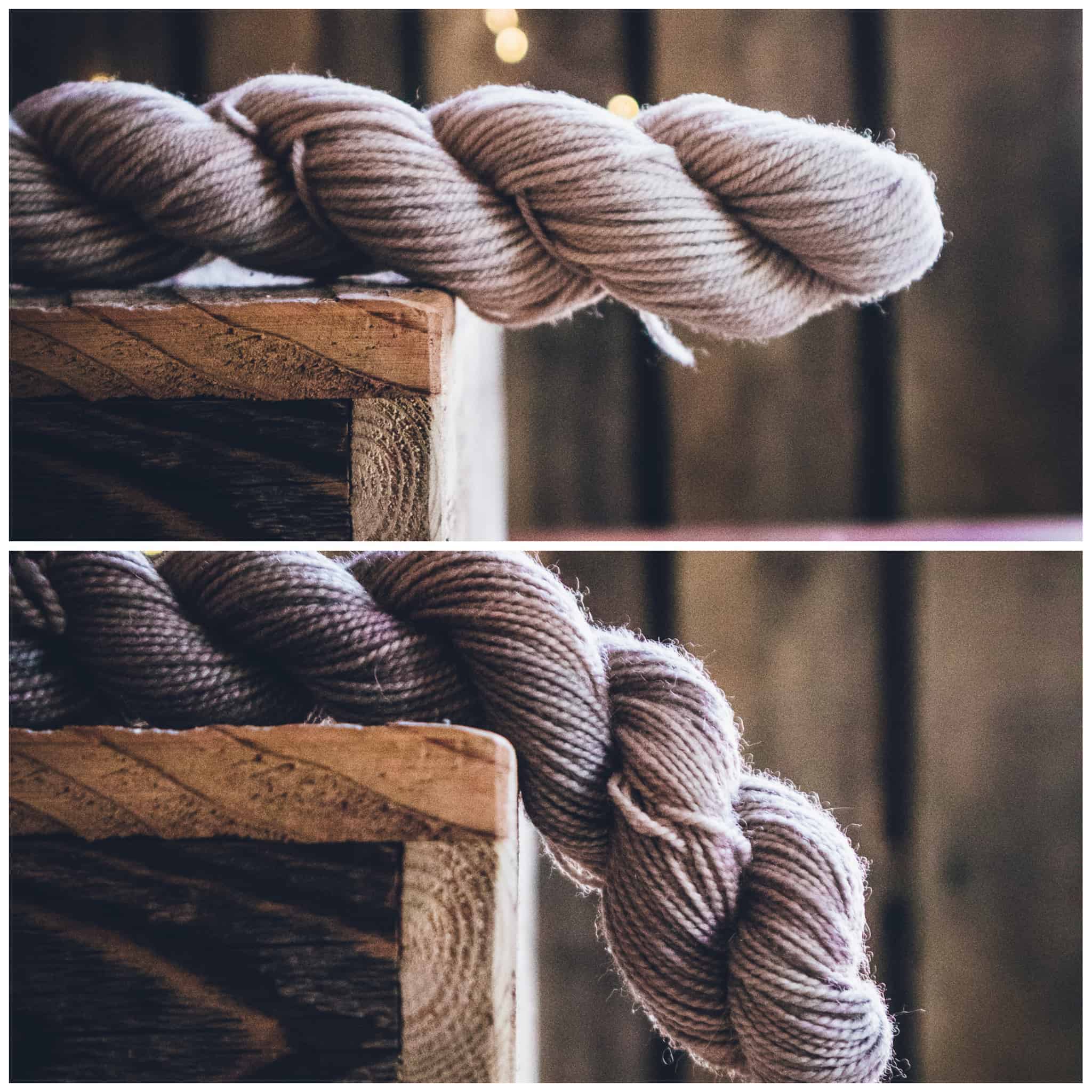 Two photos of gray yarn, with the bottom one curling over the edge of a table.
