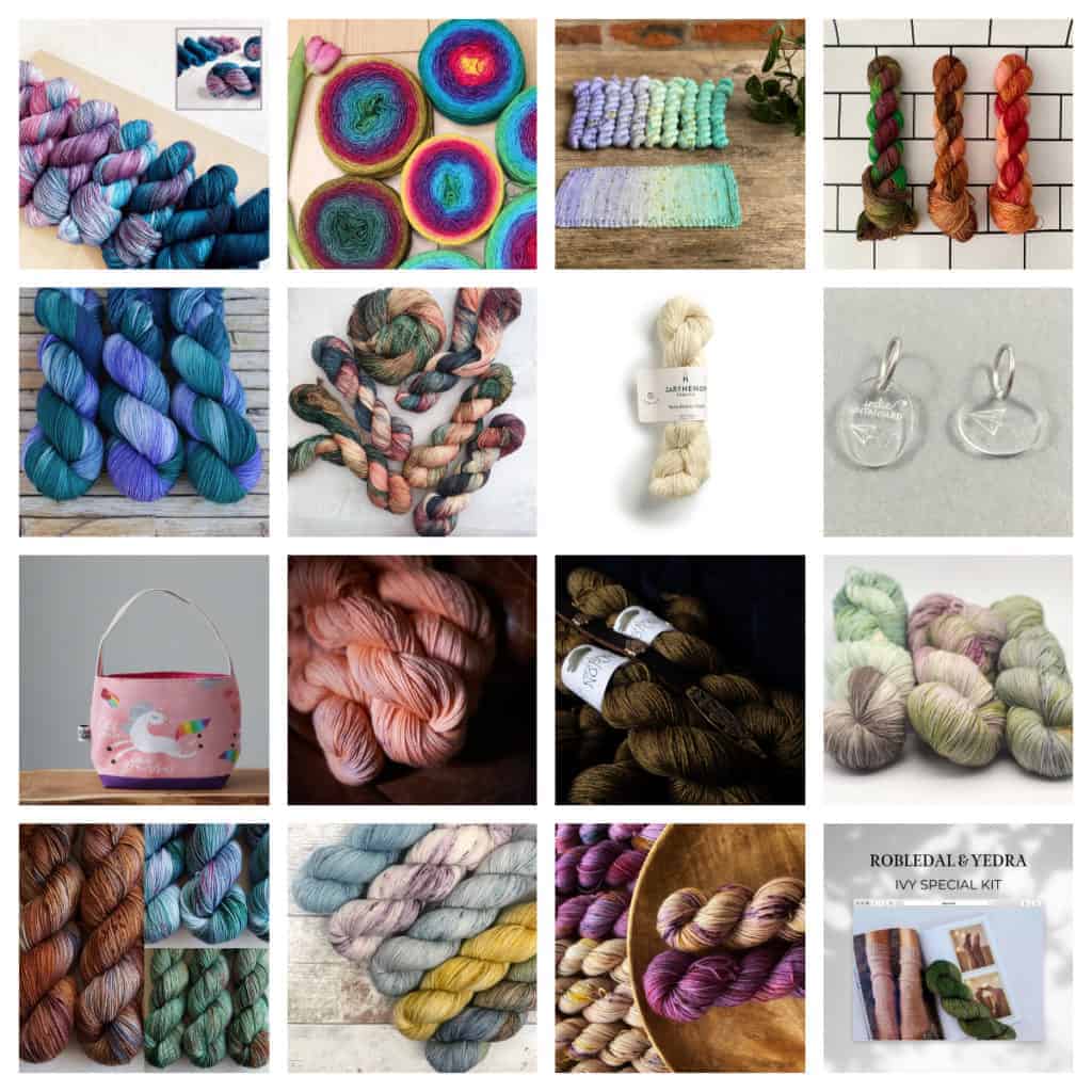 A collage of colorful yarn and products.