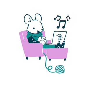 A mouse sitting in a chair crocheting while using a laptop.