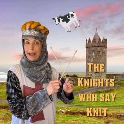 A knight holding wooden knitting needles with a skein of yarn on her head.