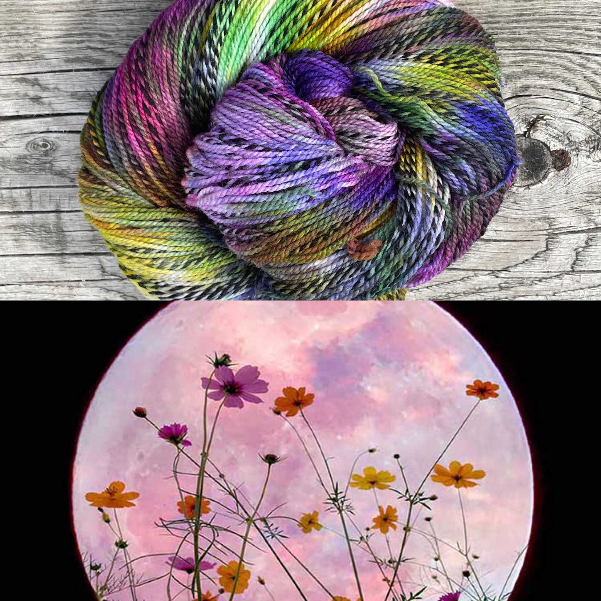 A skein of rainbow yarn above a photo of wildflowers in front of the moon.