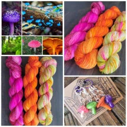 A collage of fluorescent pink and orange yarn and mushrooms.