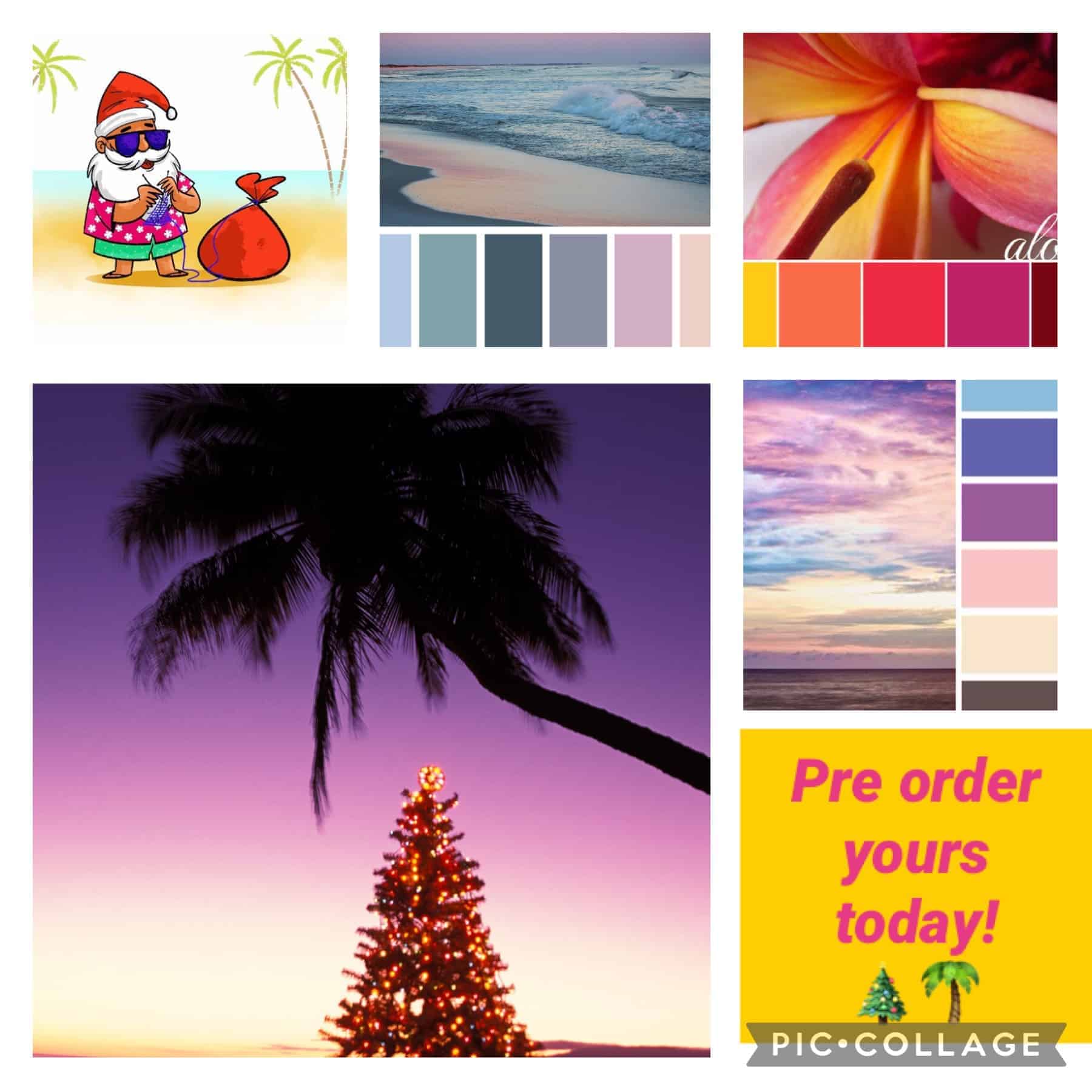 A collage with Santa on a beach and a Christmas tree under a palm tree.