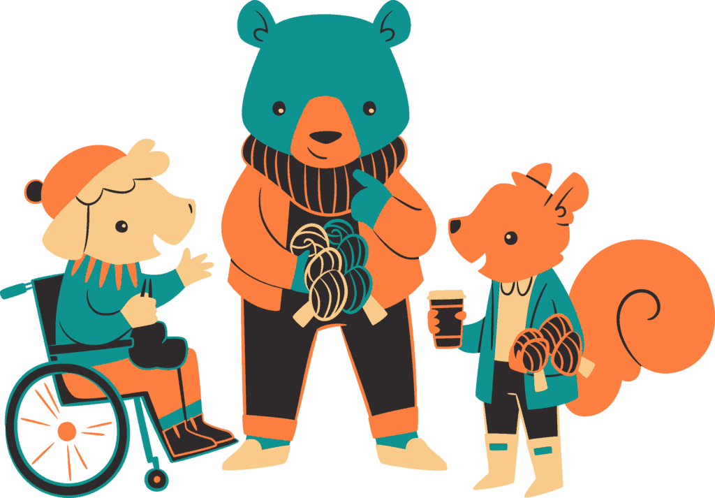 An illustration of a sheep in a wheelchair, a bear holding yarn and a squirrel.