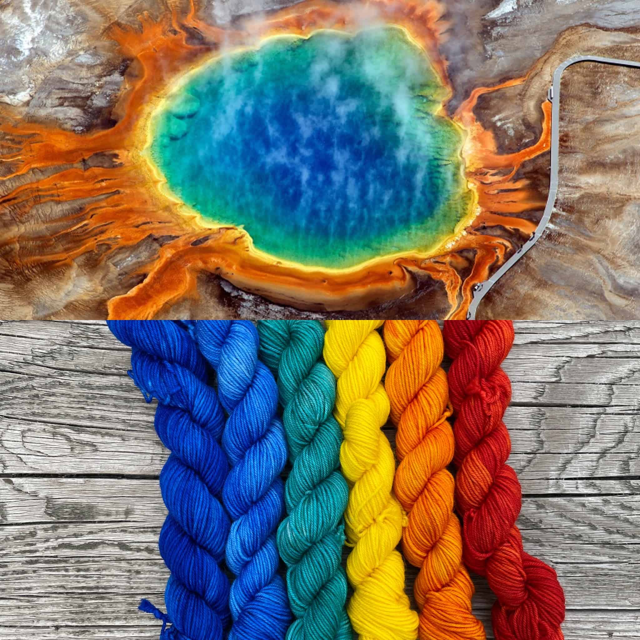 A rainbow hot spring collaged with rainbow yarn ranging from blue to red. 