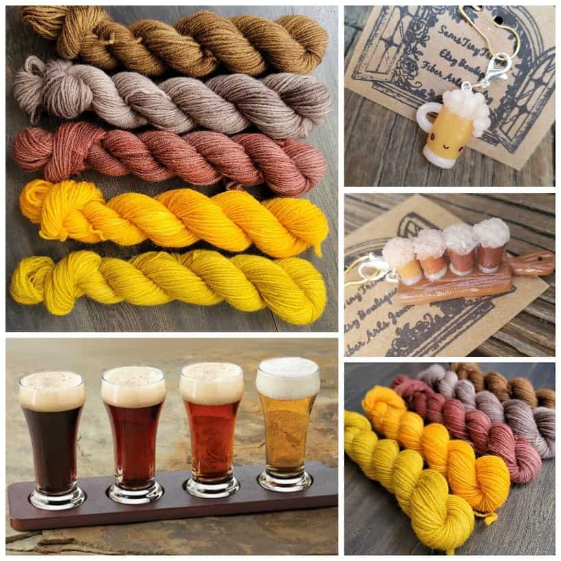 A collage with gold, red, gray and brown yarn and beer pint charms.