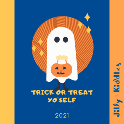 An illustration of a ghost holding a pumpkin basket in front of an orange ball of yarn and the words Trick Or Treat Yo'self 2021.