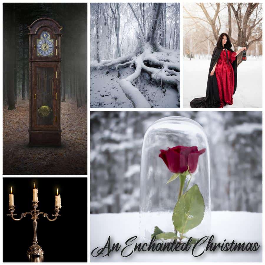 A collage of photos of a grandfather clock, candelabra, a snowy tree, a woman in a red cloak and a rose under a glass dome.