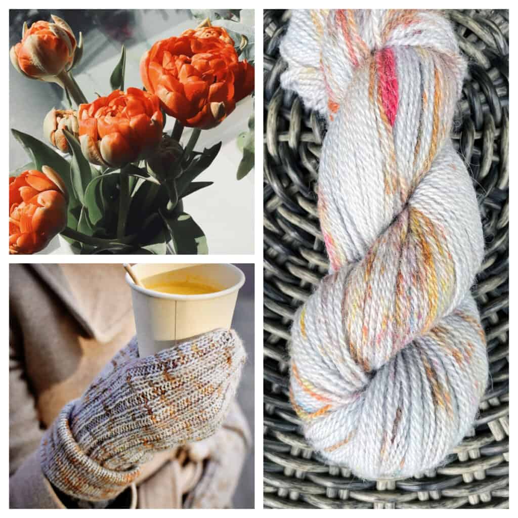A collage of orange flowers, a hand wearing gray speckled mittens and a skein of gray yarn speckled with orange, pink and gold.