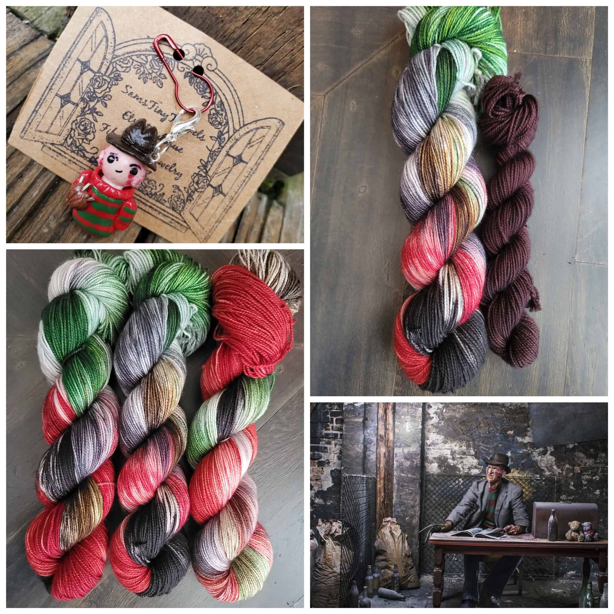 A collage with red,, black and green yarn.