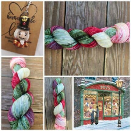 An image collage with red and green yarn and a photograph of the exterior of a toy shop.