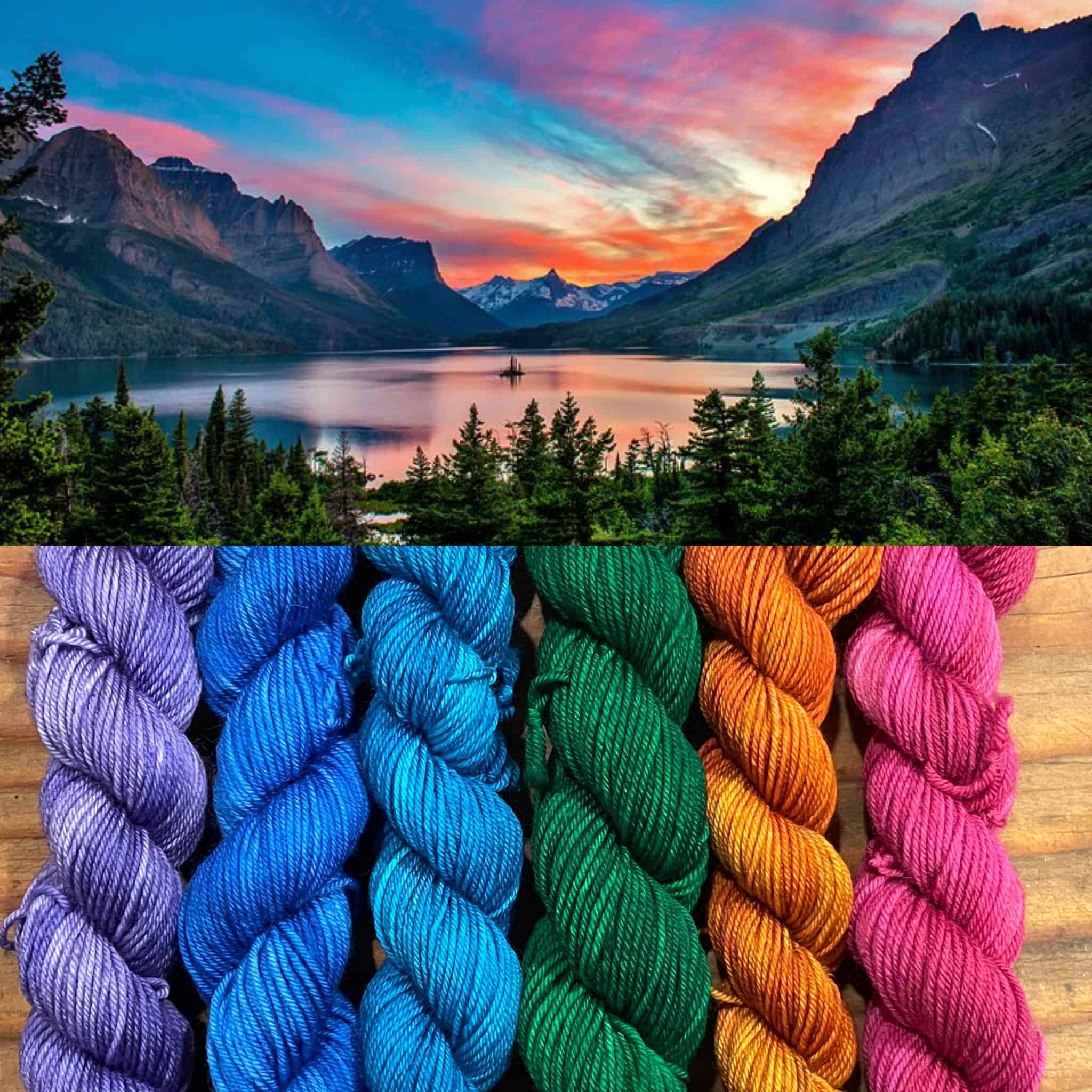 A lake and mountains and purple, blue, green, orange and pink yarn.