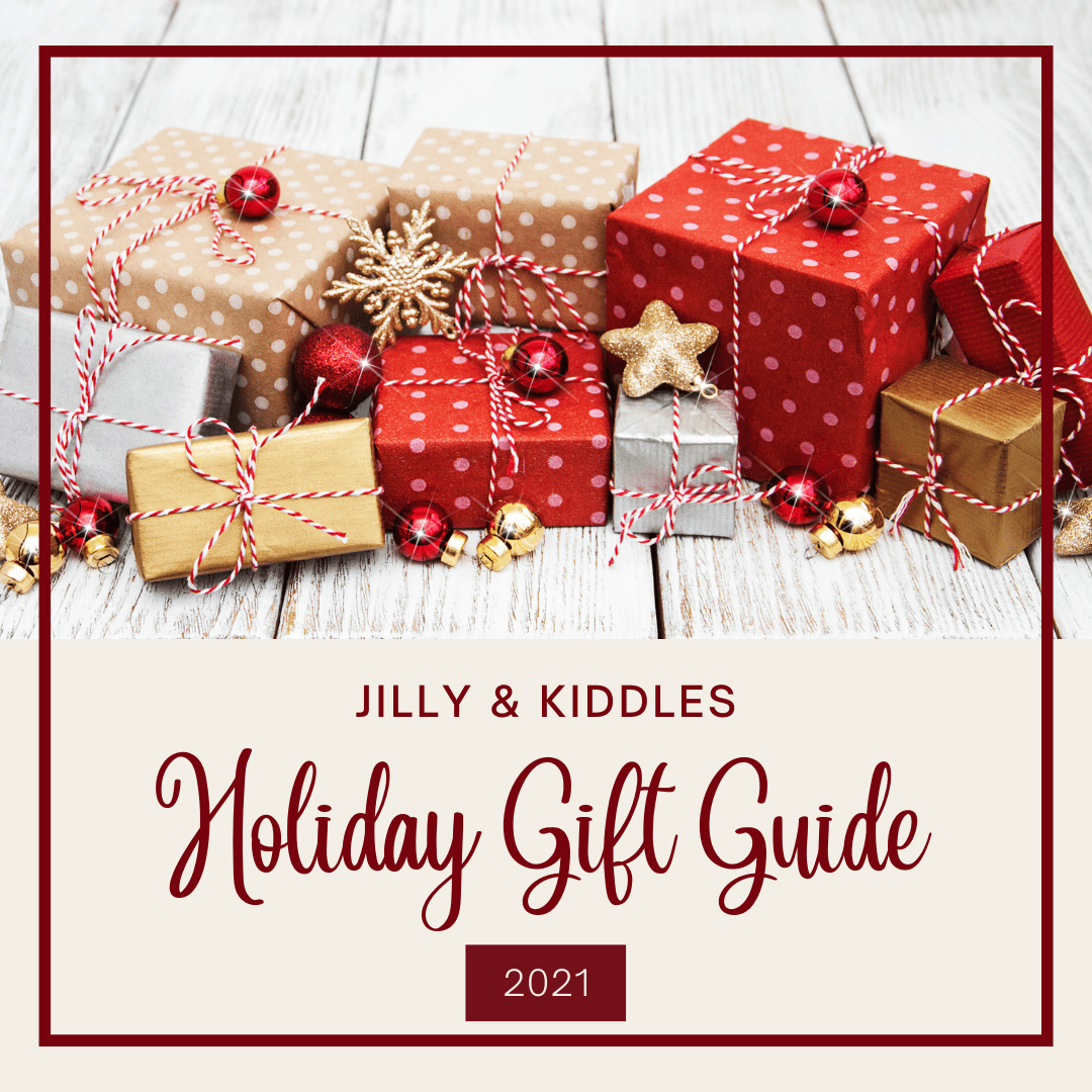 Gifts wrapped in red and gold paper and the words Jilly & Kiddles Holiday Gift Guide.