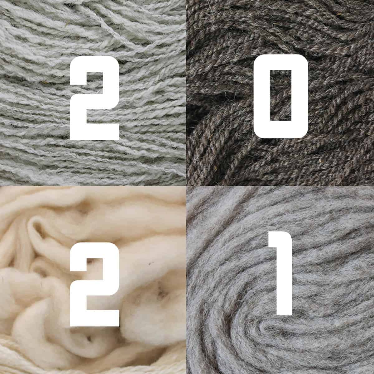 A collage of gray and cream yarn and the number 2021.