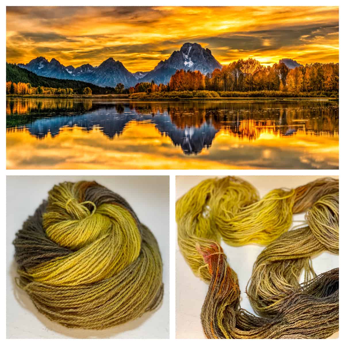 Yellow and orange foliage and a mountain reflected in a lake, with skeins of yarn in yellow, orange and gray.
