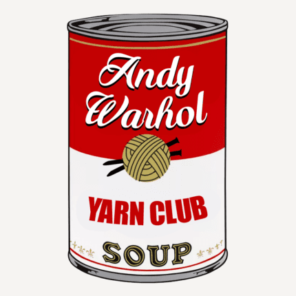 A soup can illustration with the words Andy Warhol Yarn Club.