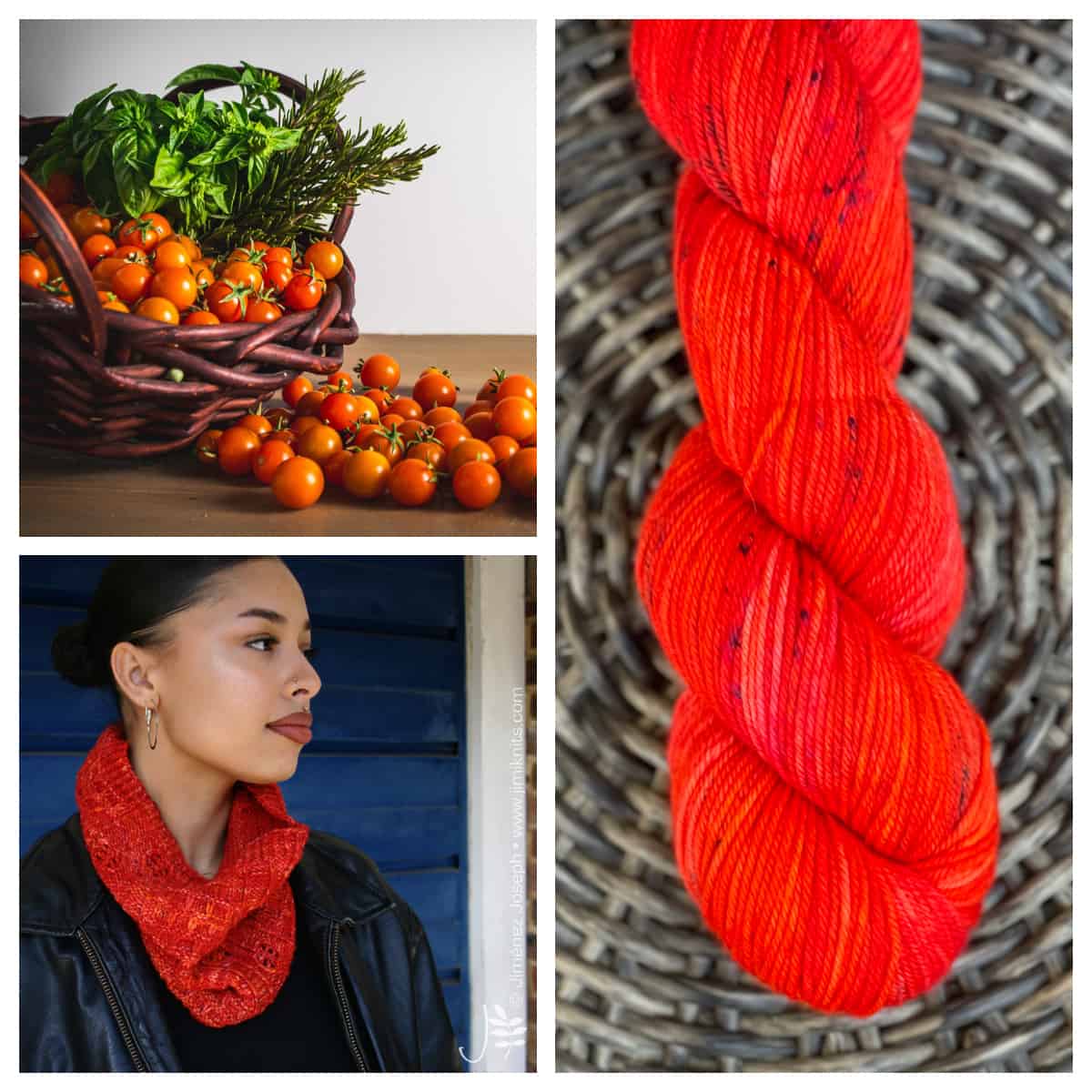 A basket of tomatoes, a skein of bright red-orange yarn and a brown-skinned woman wearing a red textured cowl over a black leather jacket.