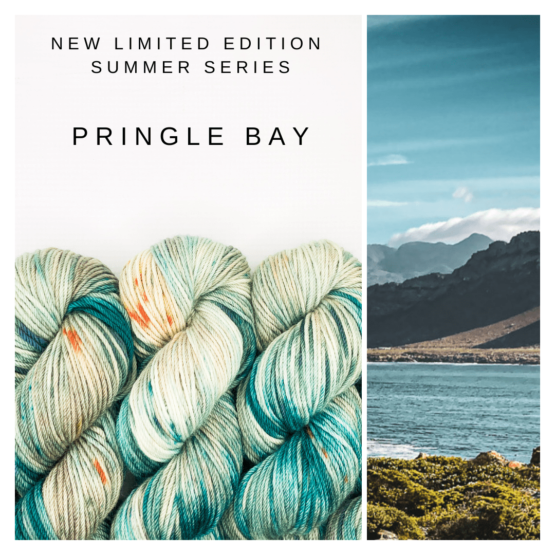 Skeins in multi green toned yarn, a sea and mountain view and the words NEW LIMITED EDITION SUMMER SERIES PRINGLE BAY.