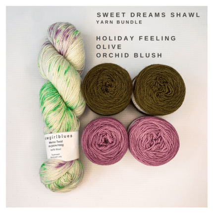 Sage and red and multicoloured yarn in greens, reds and natural, and the words Sweet Dreams Shawl Yarn Bundle, Holiday Feeling, Olive, Orchid Blush
