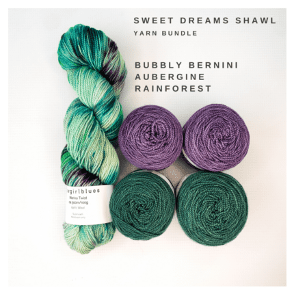 Purple and green and multicolored yarn in different shades of purples and greens, and the words Sweet Dreams Shawl Yarn Bundle, Bubbly Bernini, Aubergine, Rainforest.