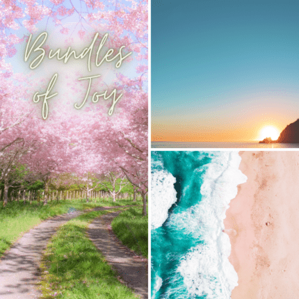 Sn image collage of spring flowers, a sunset and the sea and the text Bundles of joy.