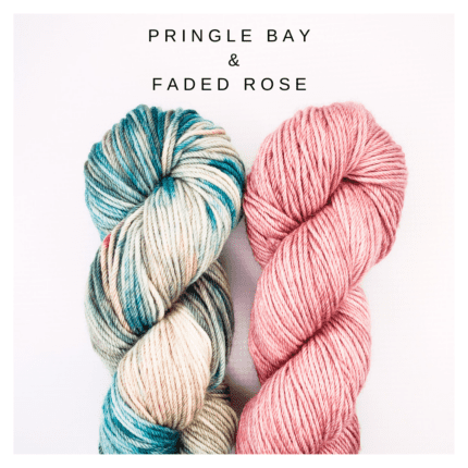 A skein in multi green toned yarn and a skein in semi solid faded rose coloured yarn and the words PRINGLE BAY & FADED ROSE.