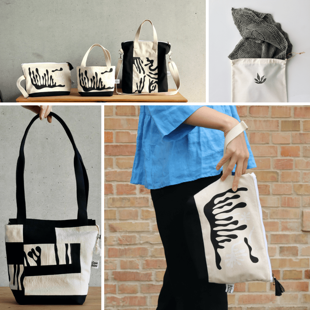 An array of black and white bags.