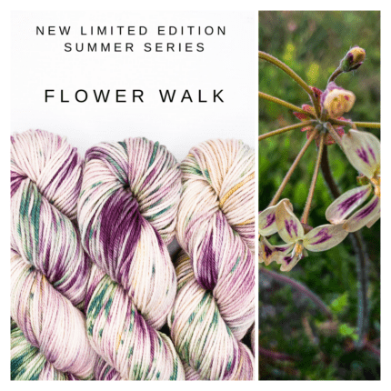 Skeins in shades of purples with green speckles, an exotic flower in the same colours and the words NEW LIMITED EDITION SUMMER SERIES FLOWER WALK.