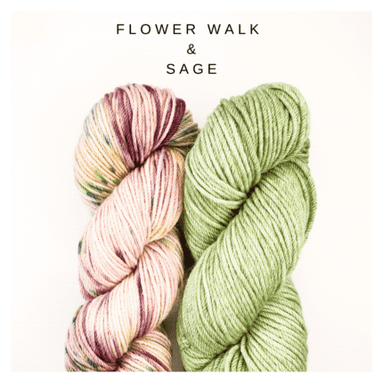 A skein in shades of purples with green speckles and a skein in semi solid pale sage and the words FLOWER WALK & SAGE.