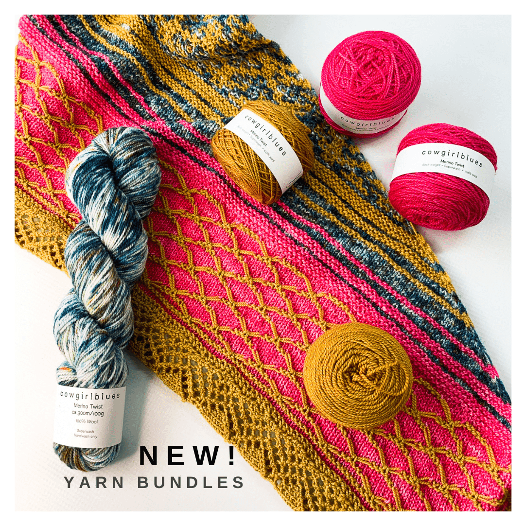 Hot pink, mustard and blue multi coloured yarn with a shawl in those same colors and the words New yarn bundles.